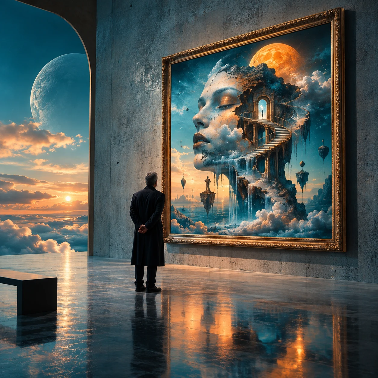 Visitante contemplando una obra surrealista en una galería