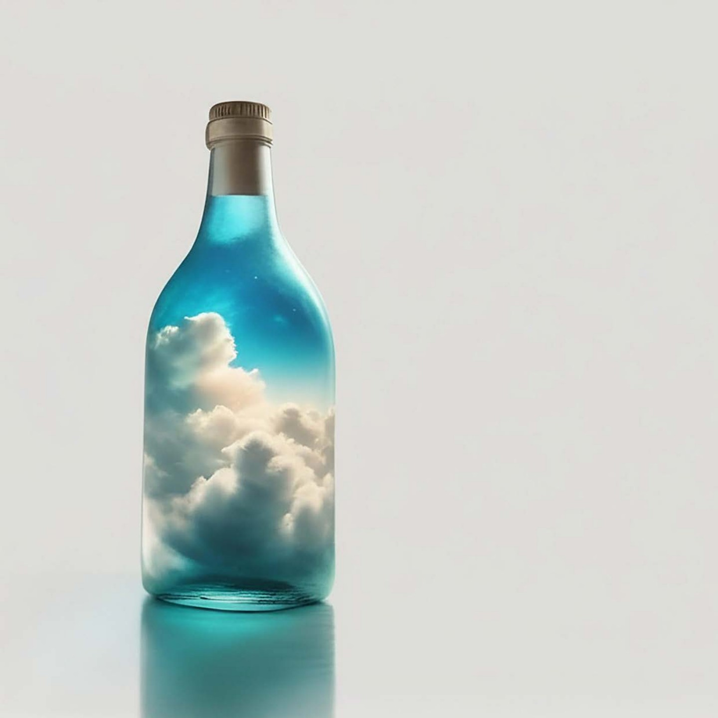 Botella azul que contiene un cielo con nubes