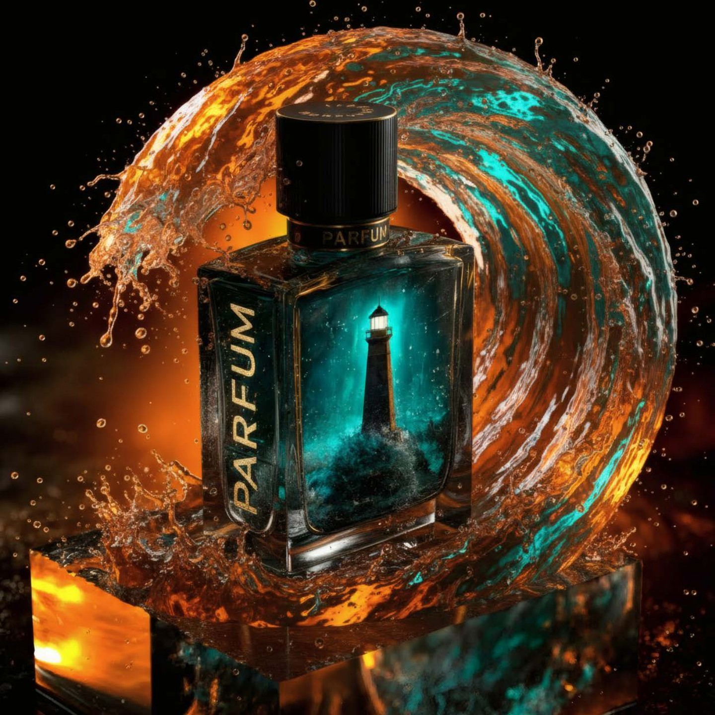 Perfume rodeado por una ola de color