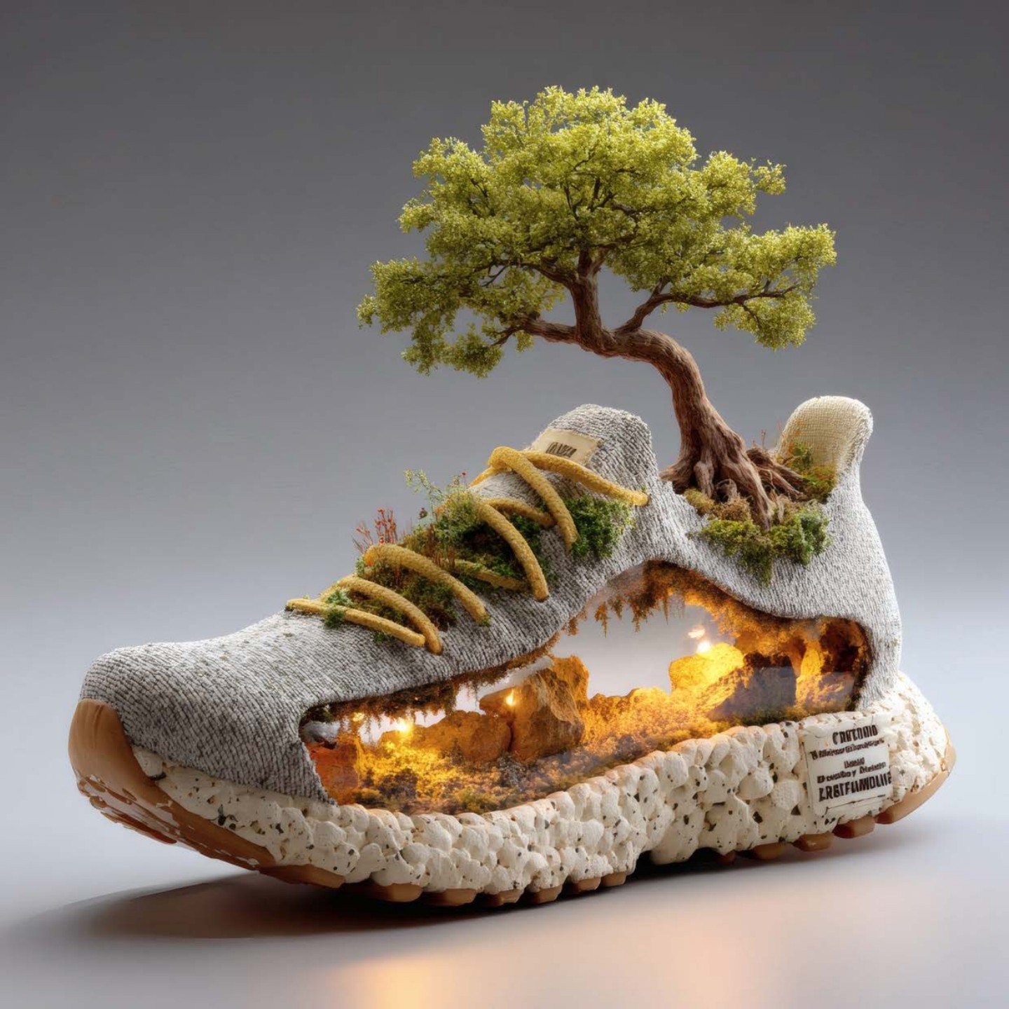 Zapatilla convertida en un pequeño paisaje natural